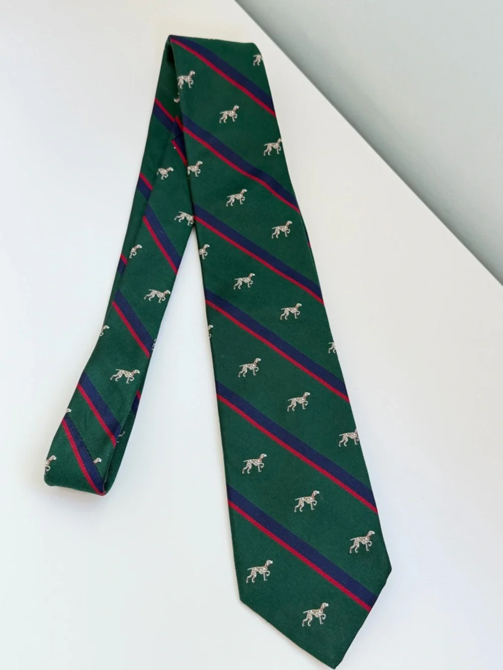 J Crew Silk Tie Green Dog Print English Novelty Preppy Ivy League‎ Necktie